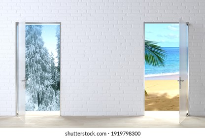 3d Illustration. Two Doors Concept Winter And Summer. Travel Agency