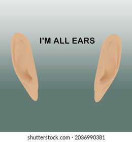 3D Illustration Of Two Ears Along With I'm All Ears Script, Isolated Over Pale Green Gradient.