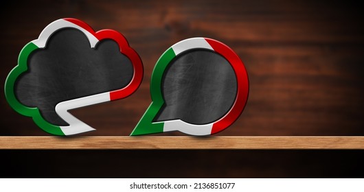 3D Illustration Of Two Empty Speech Bubbles With Italian Flag On A Wooden Shelf With Copy Space For A Short Sentence, With A Brown Wall On Background.