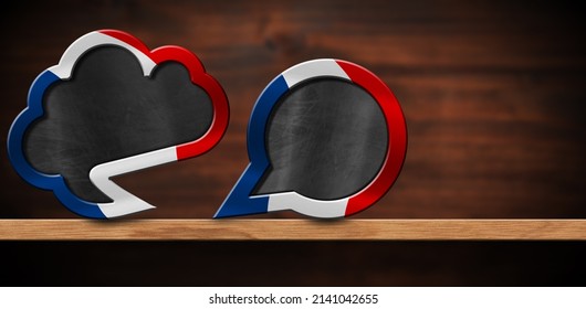 3D Illustration Of Two Empty Speech Bubbles With French Flag On A Wooden Shelf With Copy Space For A Short Sentence, With A Brown Wall On Background.