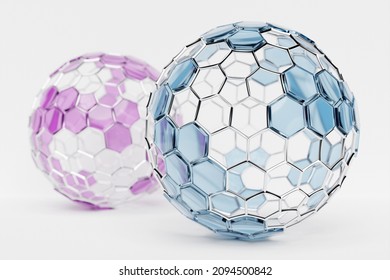 3D illustration of a   two glass colorful  spheres  with many faces, crystals scatter   on a white  background.  Cyber ball sphere