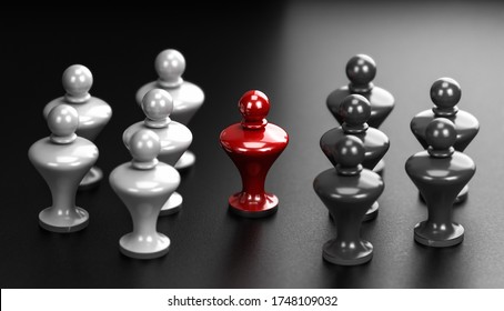 3D Illustration Of Two Groups Of White And Grey Pawns And A Mediator In The Middle. Abstract Concept Of Arbitration Between Two Parties.