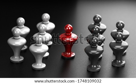 3D illustration of two groups of white and grey pawns and a mediator in the middle. Abstract concept of arbitration between two parties. Stock photo © 