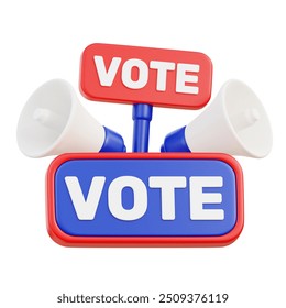 3D illustration of two megaphones with "VOTE" signs in red and blue. Represents election campaigns, voting promotion, or political advocacy in a stylized design - Powered by Shutterstock