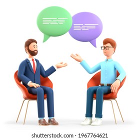 3D illustration of two men meeting and talking with speech bubbles. Happy businessmen characters sitting in chairs and discussing. Successful partnership, psychologist counseling, support session.
