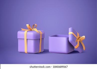 3d illustration of two purple gift boxes with bows and ribbons, isolated on purple background - Powered by Shutterstock