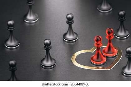 3D illustration of two red pawns inside a golden heart shape with other chess  pieces around it.