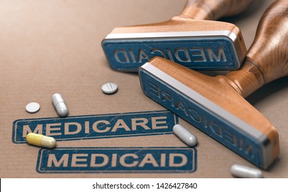 3D Illustration Of Two Rubber Stamps With The Words Mercicare And Medicaid Over Paper Background.