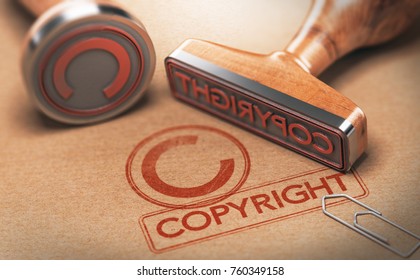 3D иллюстрация двух резиновых марок с авторским словом и символом на фоне крафт-бумаги, Концепция защищенного авторским правом материала