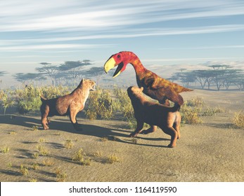 3d Illustration Of Two Saber-toothed Tigers Facing A Terror Bird