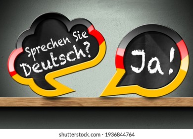 3D illustration of two speech bubbles with German flag and question, Sprechen Sie Deutsch? and Ja! (Do you speak German? and Yes!). On a wooden shelf with a wall on background.
