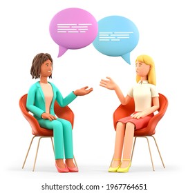 3D illustration of two women meeting and talking with speech bubbles. Happy multicultural female characters sitting in chairs and discussing. Psychologist counseling, group therapy, support session. - Powered by Shutterstock