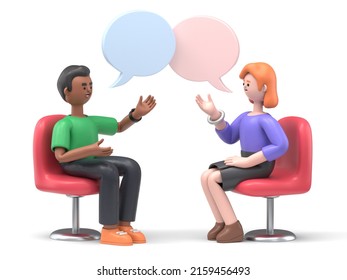 3D Illustration Of Two Women Meeting And Talking With Speech Bubbles. Happy Multicultural Female Characters Sitting In Chairs And Discussing. Psychologist Counseling, Group Therapy, Support Session.