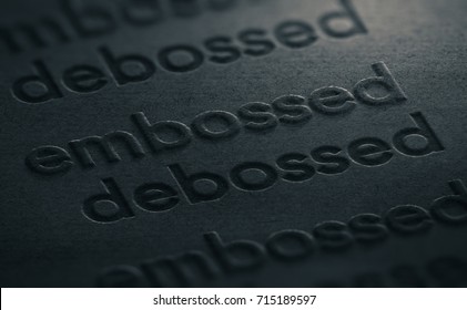 3D illustration of two words embossed and debossed impressed on a black paper texture.