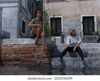 3d illustration of two young women sitting near a canal with one on steps looking at the other in the old part of a city. - Powered by Shutterstock