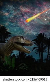 3d Illustration. Tyrannosaurus Watching A Meteorite Fall On A Starry Night. The Meteorite That Wiped Out The Dinosaurs. 3d 