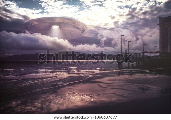 3dイラスト Ufoはビーチバケーションに到着します 海上の雲から宇宙人の宇宙船が飛び出す のイラスト素材