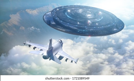 3d Illustration Of A UFO Flies Away From A Military Plane