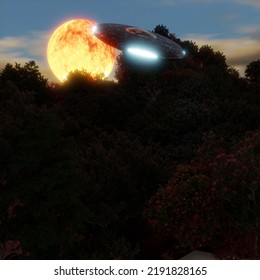 A 3D Illustration
 Of A UFO Sighting In The Remote Forest.