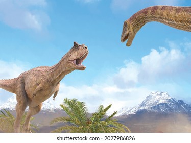 3D illustration. Ultimate fight between dinosaurs. Fearsome lone ranger. Planet of dinosaurs 1. Carnotaurus. Combat of giants.