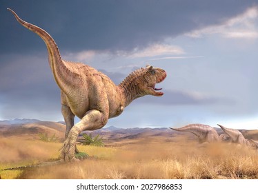 3D illustration. Ultimate fight between dinosaurs. Fearsome lone ranger. Planet of dinosaurs 1. Carnotaurus. Combat of giants.