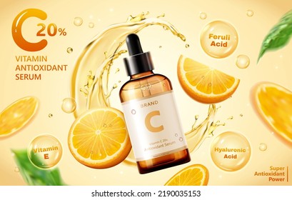 3d Illustration Of Ultra Hydrating Facial Serum Ad, Designed Dropper Bottle Over Sliced Tangerine Floating And Liquid Splash Swirl In Background. Skincare Concept.