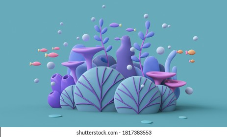 3d illustration of the underwater world with turquoise coral reef, blue seaweeds, algae, purple sponges, orange red fishes. Cartoon marine landscape tropical colorful plants. Ocean bottom nature.