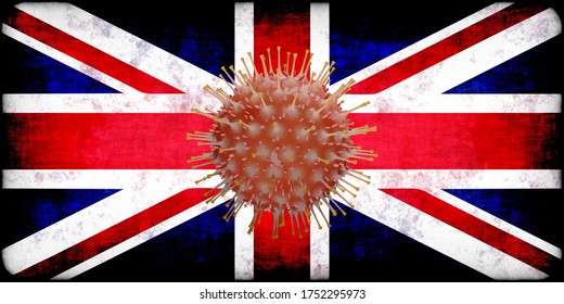 3D Illustration Of The Union Jack Flag With The Representation Of The Coronavirus Merged With The Globe In The Middle To Represent The Covid-19 Crisis In United Kindom And The New British Mutation