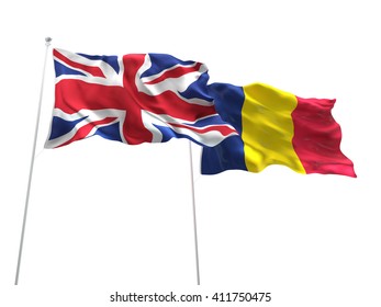 3D Illustration Of United Kingdom & Romania Flags Are Waving On The Isolated White Background