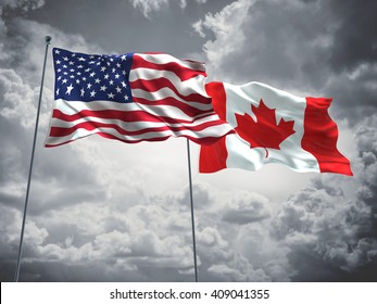 3D illustration of United States of America & Canada Flags are waving in the sky with dark clouds 