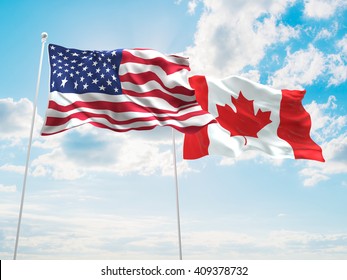3D illustration of United States of America & Canada Flags are waving in the sky