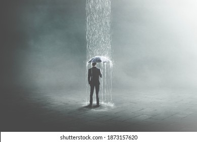 3D Illustration Of Unlucky Business Man Under Rain, Surreal Concept