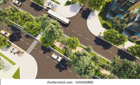 3D Illustration - Urban Design - Street View With Decorated Median And Green Space