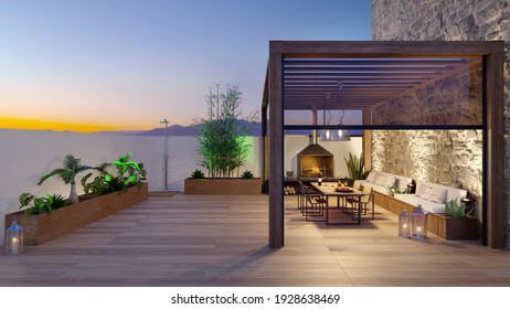 3D illustration of urban patio with cozy fireplace and natural plants. Table and chairs under teak wood pergola and wooden flooring at sunset.
