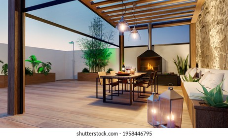 3D illustration of urban terrace at twilight with fire place and wooden table. Teak wood bioclimatic pergola and flooring.