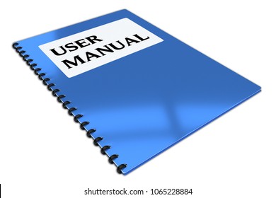 3D illustration of USER MANUAL script on a booklet, isolated on white.