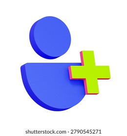 3D illustration of user profile with plus sign for digital banking, account registration, new customer, user onboarding, profile creation, and network expansion.