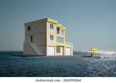 3D illustration using photo manipulation and creative retouching of a beach house on a small island in the ocean.
