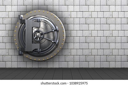 3d illustration of vault door  over white stones background