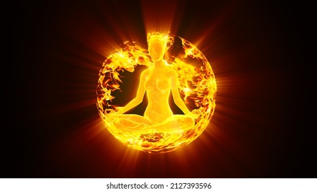 3d illustration of the Vedic fire god Agni surrounded by fire in a meditative pose