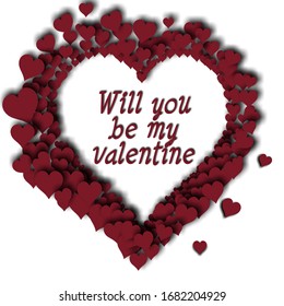 3d illustration of A very Creative design of Will you be my valentine art in maroon color and white background. A big heart shape is formed by little hearts and text is in the center of it.