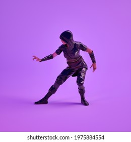 3d Illustration Of Video Game Character Posing Heroically In Studio With Purple Background. Render Of Female Archer With Hood And Arrows Hanging On Her Back In Fighting Pose.