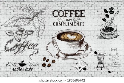 3D Illustration Vintage Hand Drawn Coffee Shop Background Wall Decors