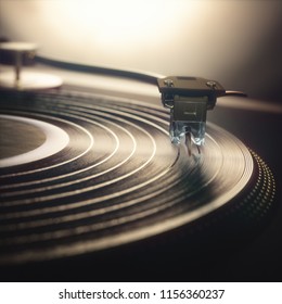 3D Illustration. Vinyl Record Being Played On Old Retro Vintage Disc Jockey Device.