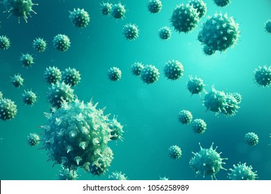 3d Illustration Viral Infection Causing Chronic Disease. Hepatitis Viruses, Influenza Virus H1N1, Flu, Cell Infect Organism, Aids. Virus Abstract Background.