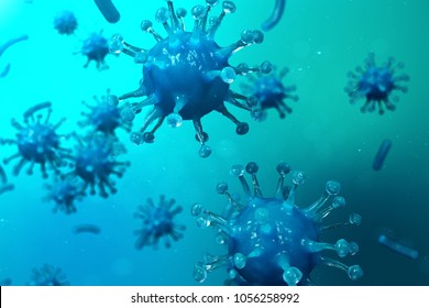 3d Illustration Viral Infection Causing Chronic Disease. Hepatitis Viruses, Influenza Virus H1N1, Flu, Cell Infect Organism, Aids. Virus Abstract Background.