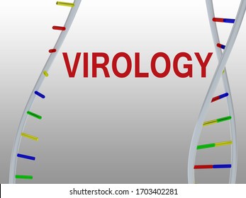 3D Illustration Of VIROLOGY Script With Single Helix And Double Helix, Isolated On Gray Gradient.