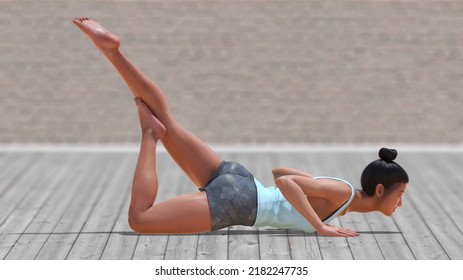 3D Illustration Of Virtual Woman In Yoga Flying Locust Pose With A Clear Wood Floor And A Blurry Background