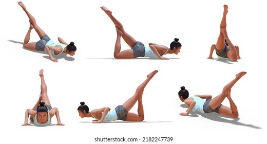 3D Illustration Of Virtual Woman In Yoga Flying Locust Pose With 6 Angles Of View On A White Background