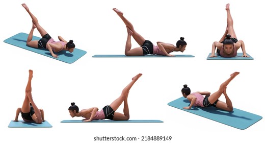 3D Illustration Of Virtual Woman In Yoga Flying Locust Pose On A Mat In 6 Angles Of View On A White Background